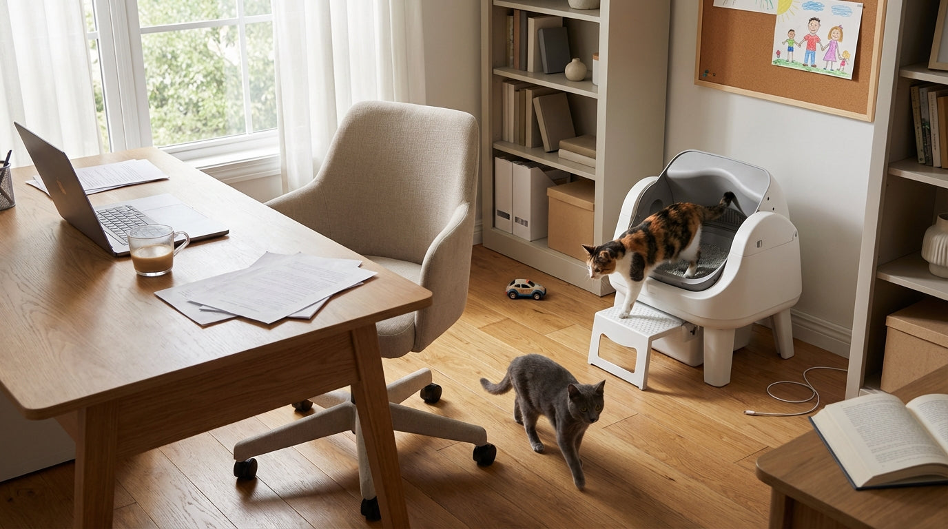 An automatic litter box set up with adequate floor space and access in a home