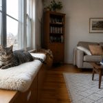 A tabby cat resting by a secure window in a lived-in cat-friendly living room