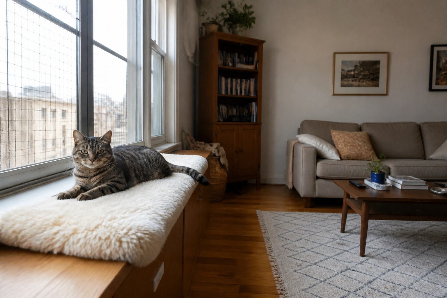 A tabby cat resting by a secure window in a lived-in cat-friendly living room