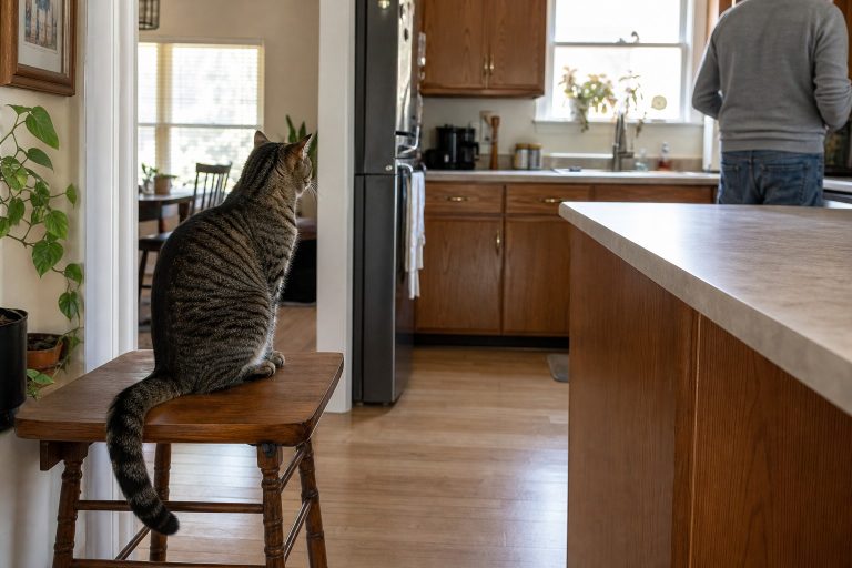 Tabby cat watching kitchen activity from a stable wooden stool