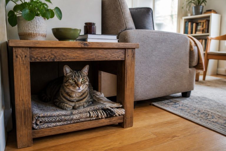 A tabby cat resting in an open nook beneath a wooden side table in a lived-in living room