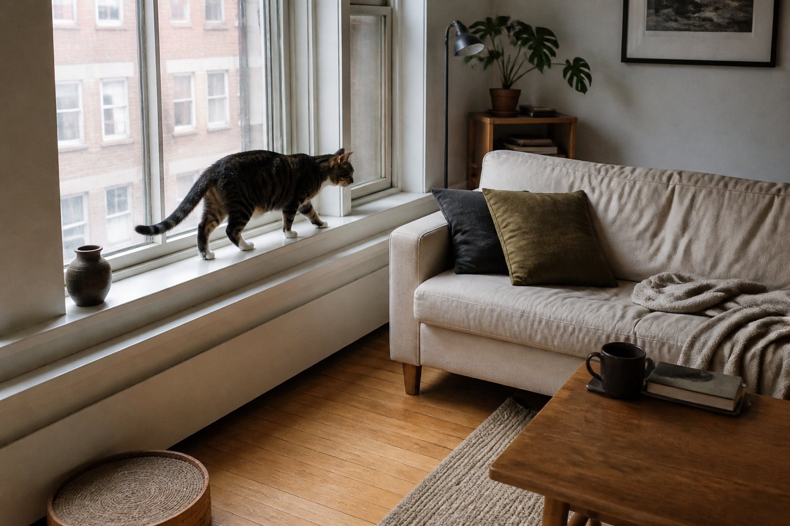 A cat walking along a window ledge in a lived-in living room