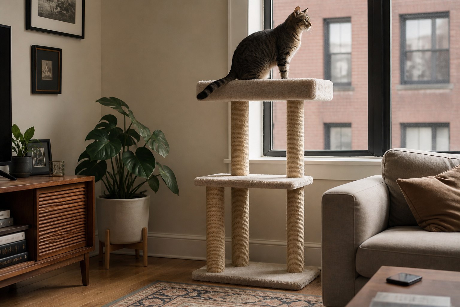 Cat using a stable cat tree beside a window in a lived-in living room
