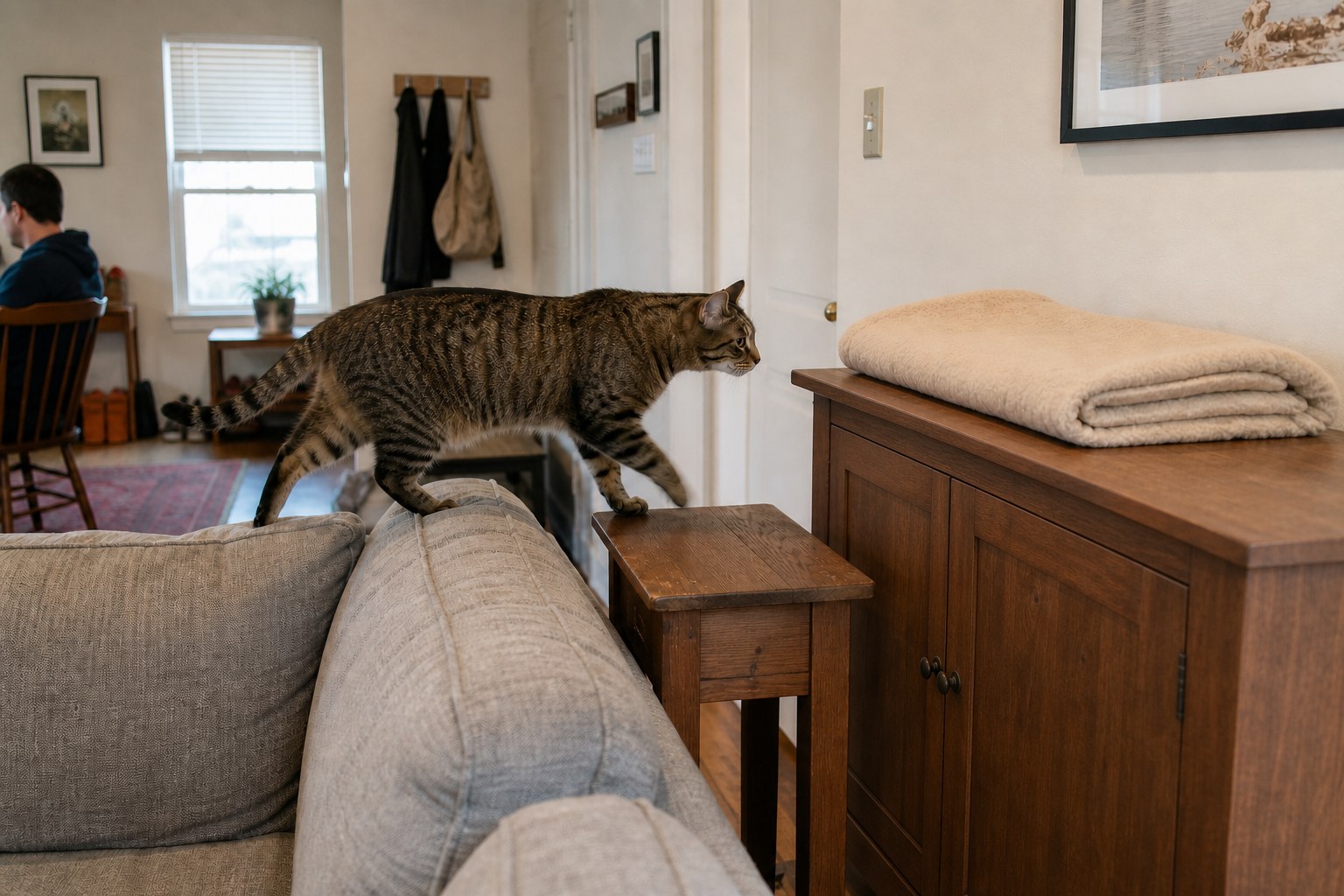 Tabby cat crossing a sofa and wooden step toward a cushioned cabinet top