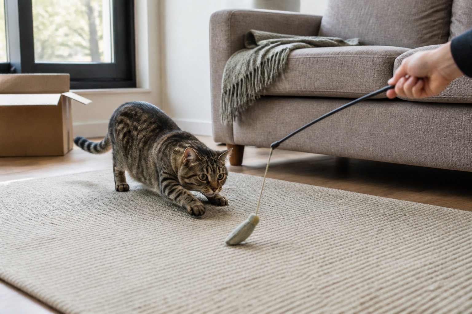 A tabby cat stalking a wand toy in a lived-in living room