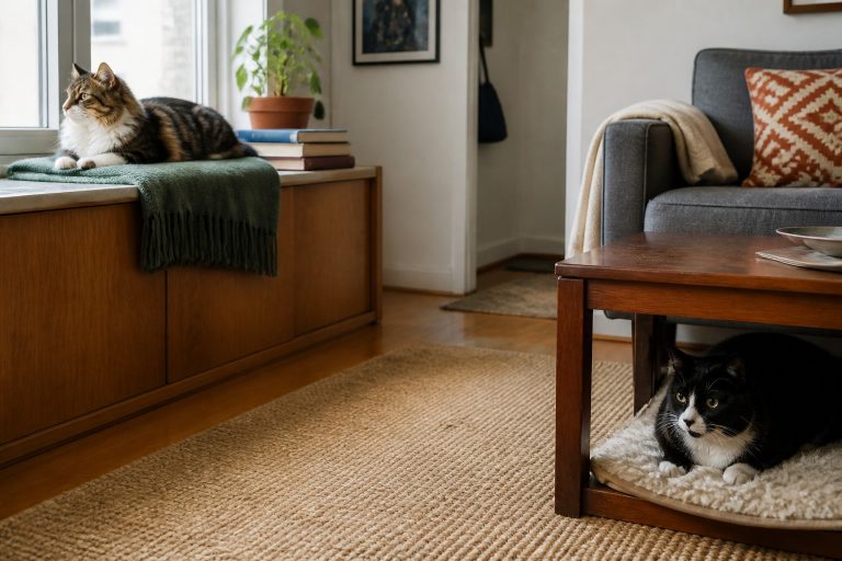 Two cats resting in separate elevated and sheltered areas of a lived-in living room