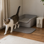 A cat walking past an accessible litter box area with a mat and cleaning supplies in a softly lit apartment