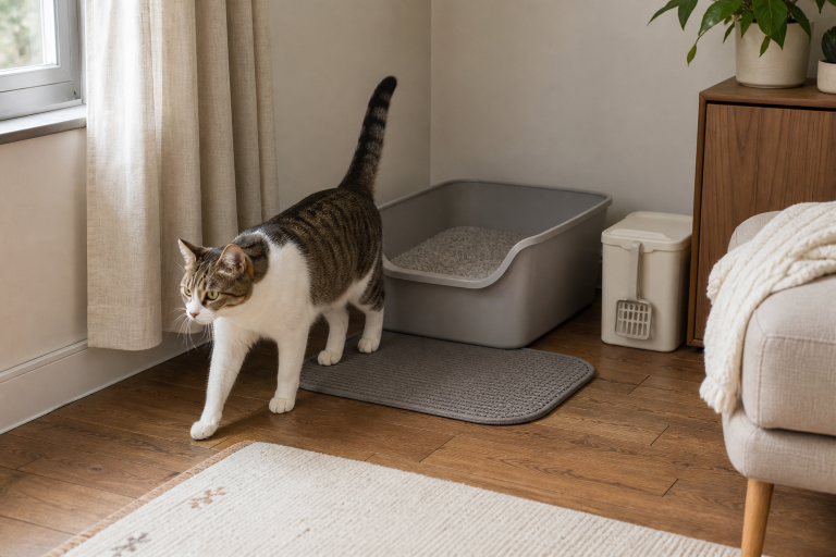 A cat walking past an accessible litter box area with a mat and cleaning supplies in a softly lit apartment