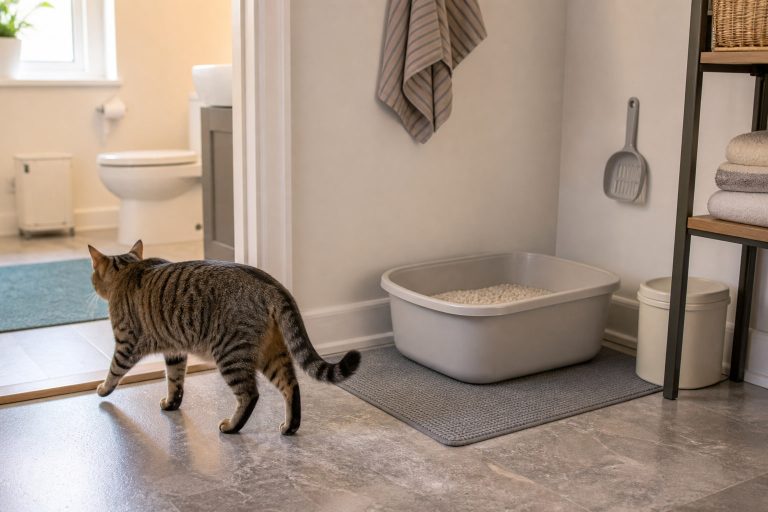 A cat walking past a clean litter box area with a mat, scoop, and waste bin in an ordinary apartment