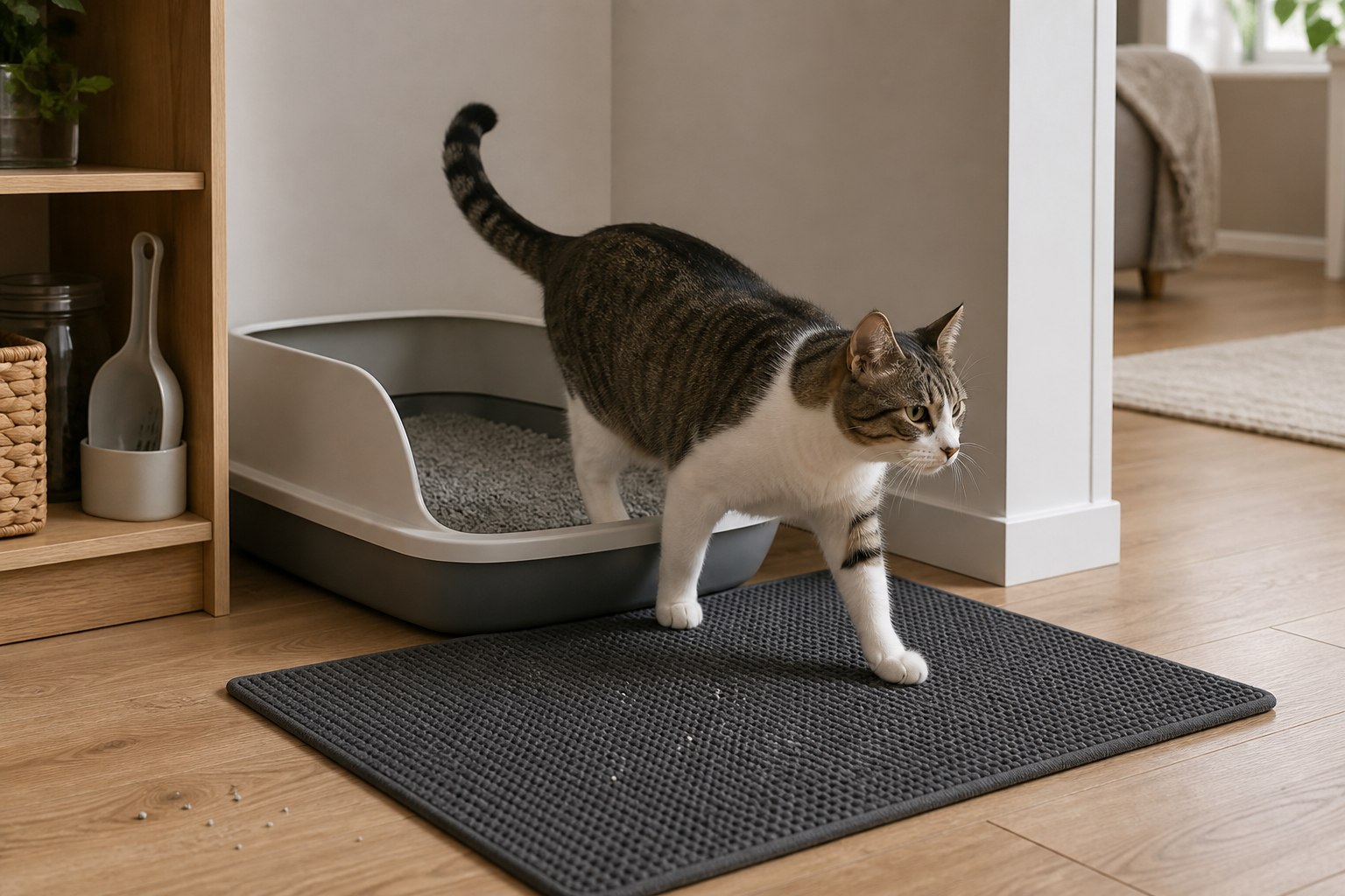 A cat stepping from a low-entry litter box onto a flat mat with a few litter grains on the nearby floor