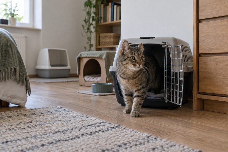 A cat stepping out of an open carrier into a quiet first room with separated essentials