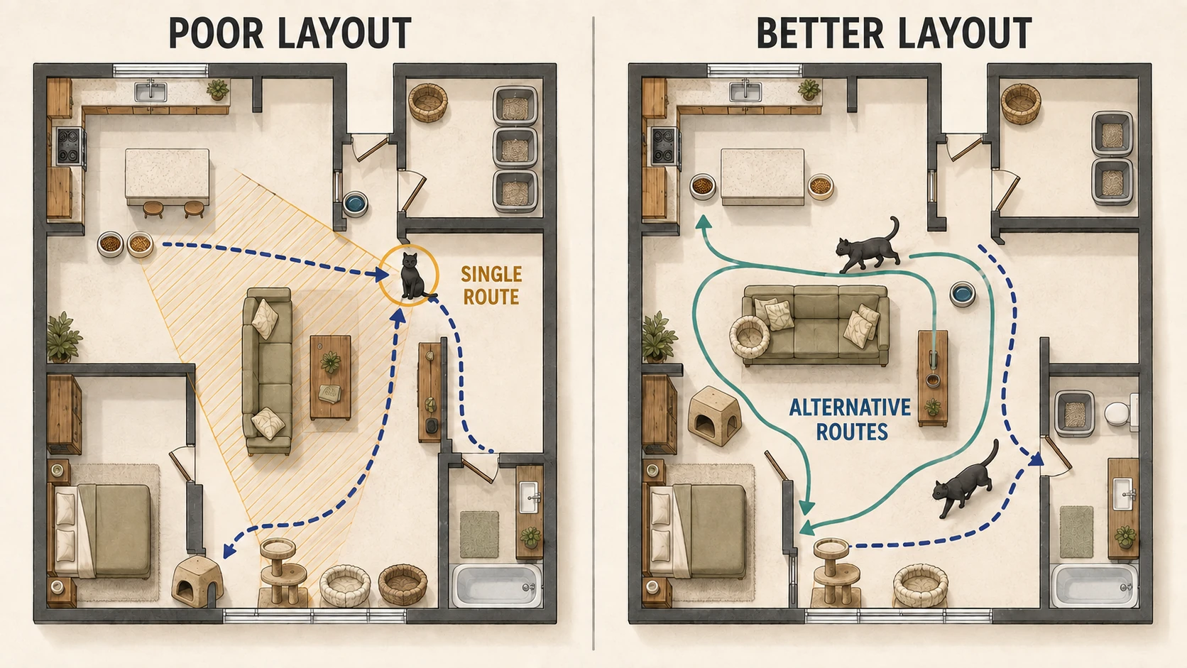 Side-by-side top-down plans of the same apartment. The left clusters food, water, beds, and litter boxes around one watched route. The right redistributes them, breaks up sightlines, and gives two cats separate approaches and exits.