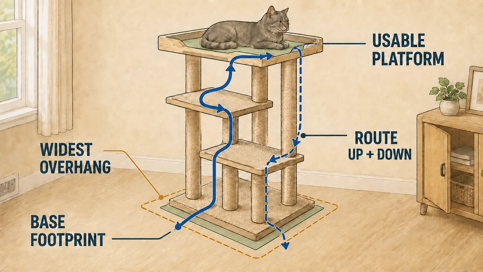 An annotated cat tree in a living-room corner highlights the base footprint, the widest upper overhang projected onto the floor, the flat usable top platform, and separate routes up and down through the levels.